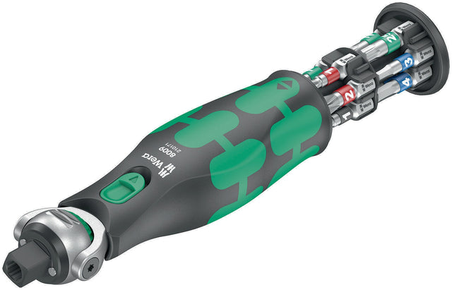 WERA Schwenk- und Umschaltknarre 8009 Zyklop Pocket Set 1 – 3/8″ + 1/4″ mit 72 Zähnen und Bit-Magazin