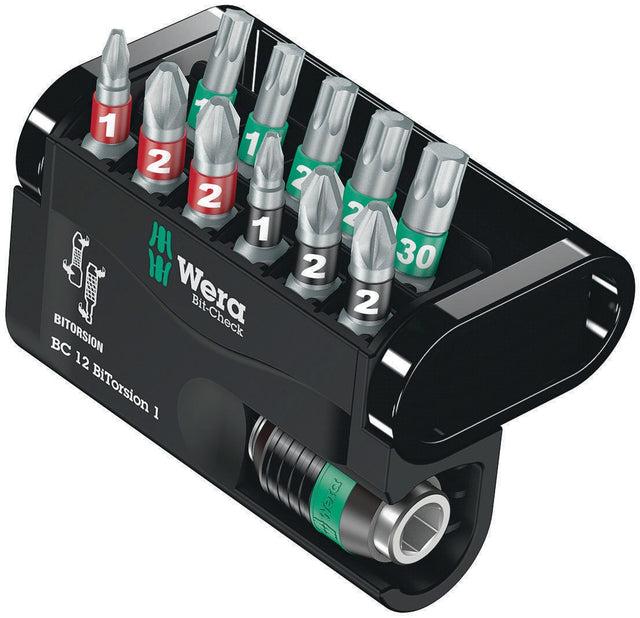 WERA Bit-Check 12 BiTorsion 1 Bitsortiment 12-teilig PH/PZD/TX mit Rapidaptor Bithalter