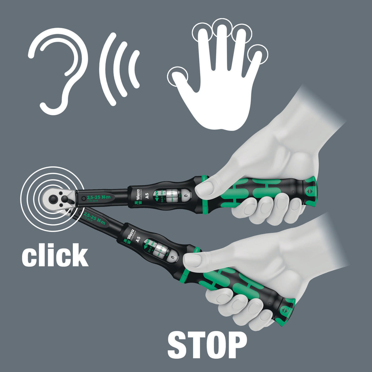 WERA Drehmomentschlüssel Click-Torque A 5 1/4 Zoll 2,5-25 Nm mit hör- und fühlbarem Auslösesignal