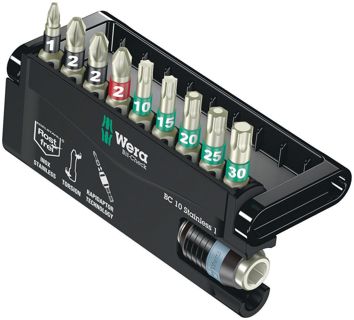 WERA Edelstahlbitsortiment BC 10 Stainless 10-tlg. mit Rapidaptor Bithalter