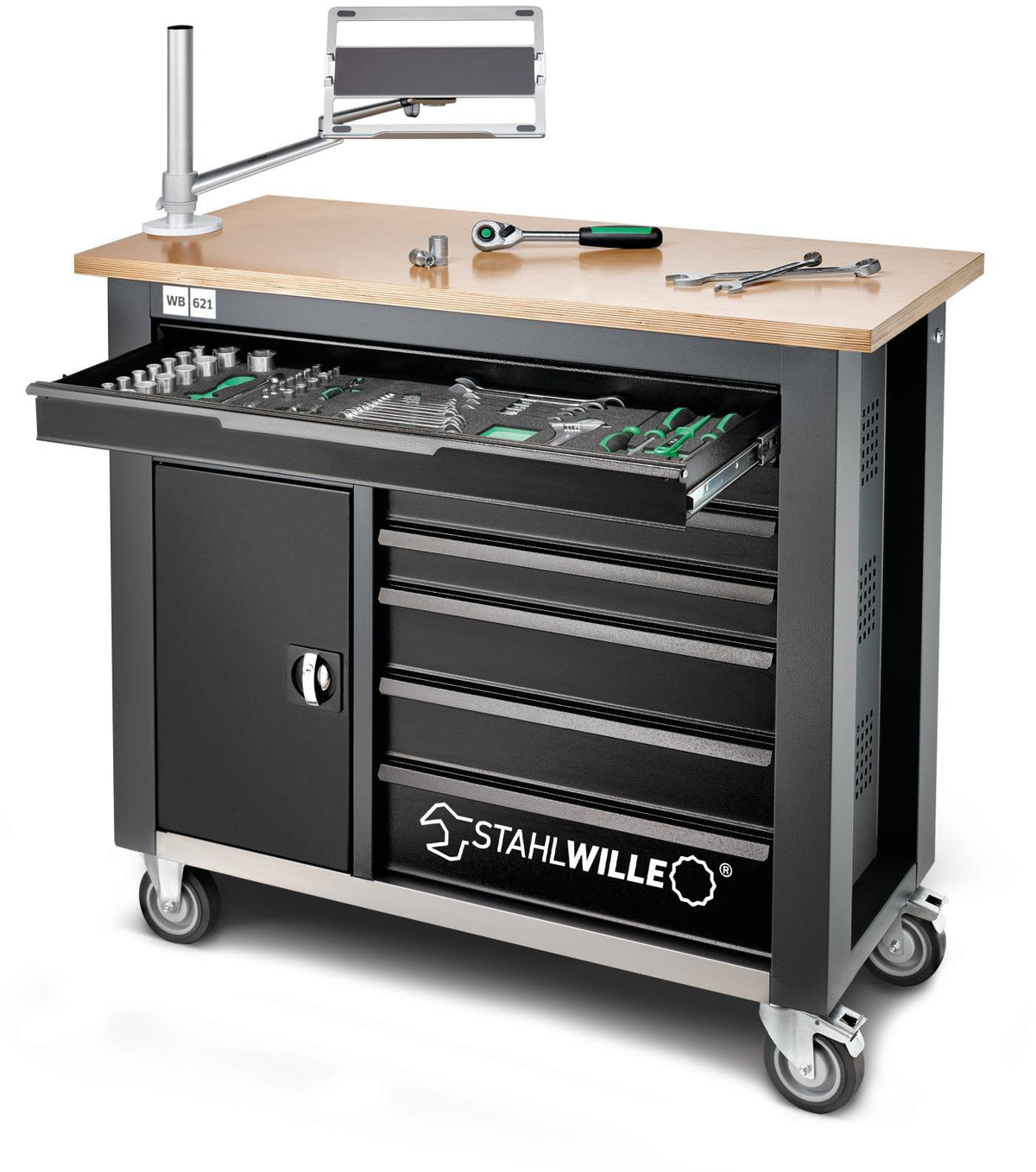 STAHLWILLE Rollwerkbank WB 621 – 7+1 Schubladen, 750 kg Tragfähigkeit, B1150 x T500 x H1045 mm