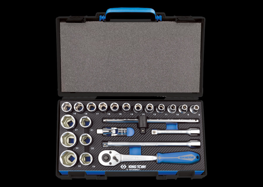 KING TONY Profi-Werkzeuge - 1/2" 6-Kant Steckschlüssel-Set, metrisch, mit Zubehör  - 23 tlg. 4523MRE01