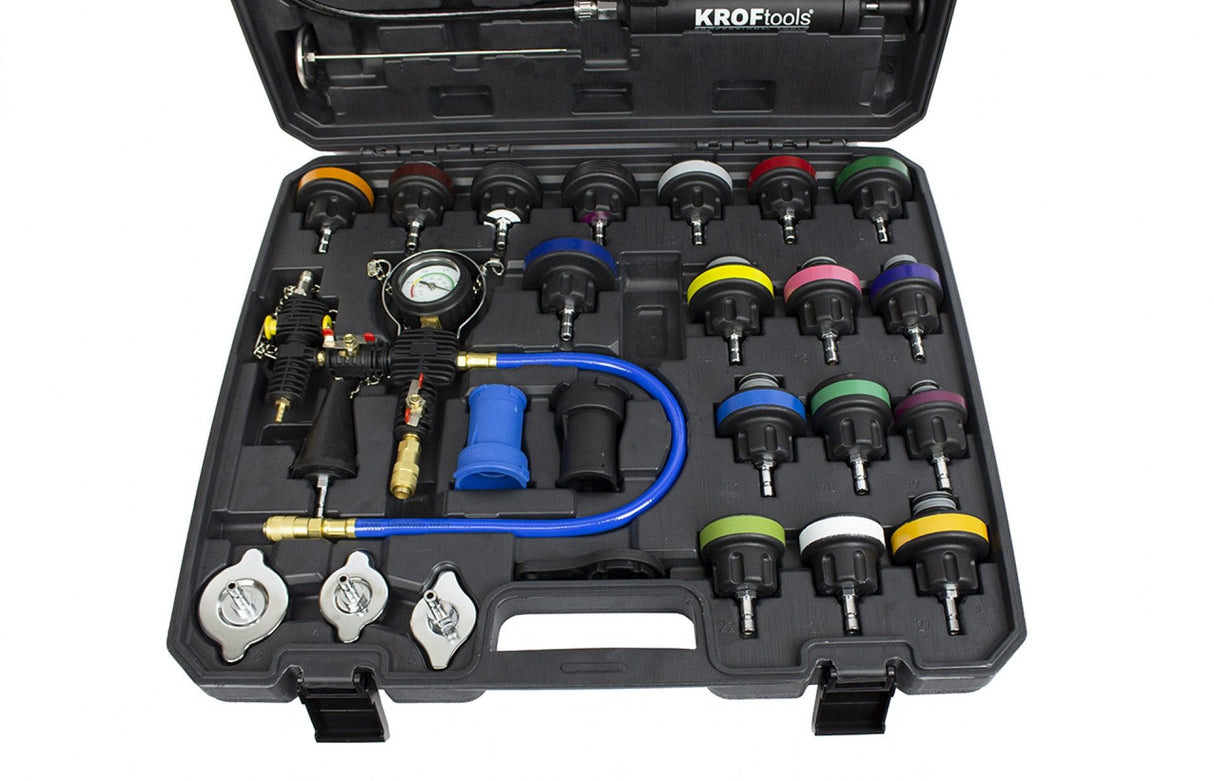KROFtools Kühlsystem-Druckprüfgerät mit Adapter-Set, Kühlsystem Prüfgerät, Vakuum-Abdruck-Set 28-teilig - 2514 - K-2514