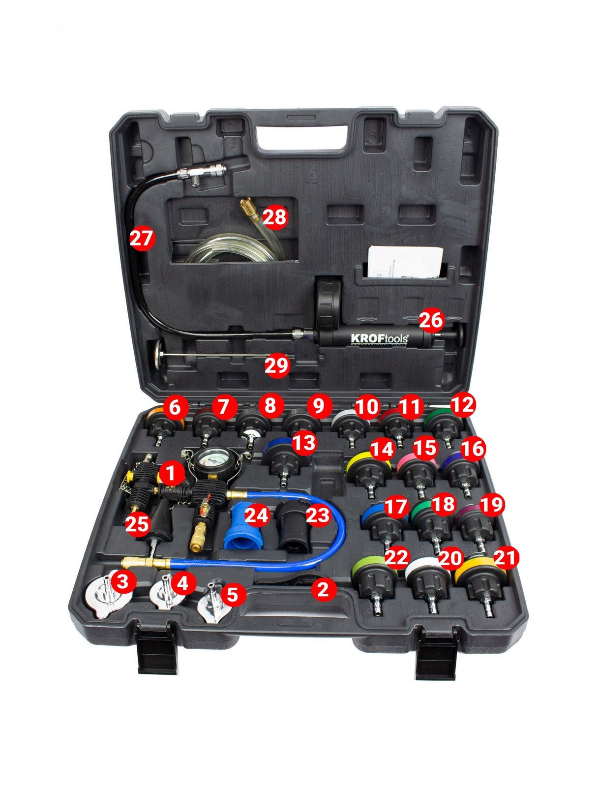 KROFtools Kühlsystem-Druckprüfgerät mit Adapter-Set, Kühlsystem Prüfgerät, Vakuum-Abdruck-Set 28-teilig - 2514 - K-2514