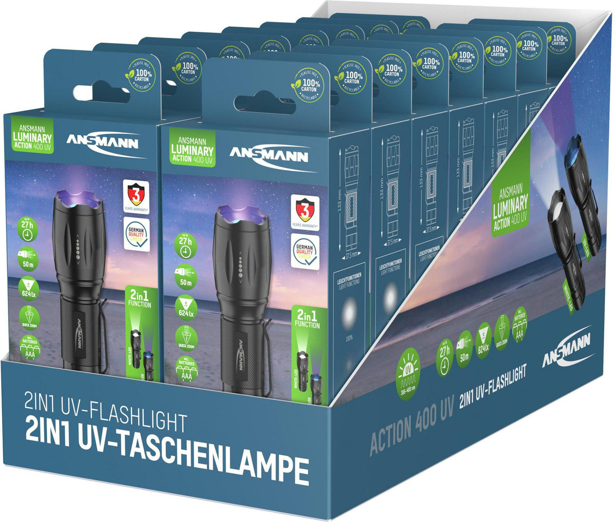 ANSMANN Action 400 UV LED-Taschenlampe – 90 lm, UV-Licht, 3x AAA, 50 m Reichweite