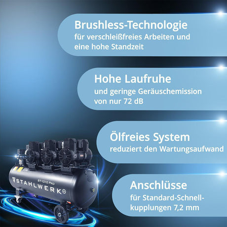STAHLWERK Kompressor ST-1010 Pro – 750 l/min, 10 bar, 120 l, ölfrei, leise