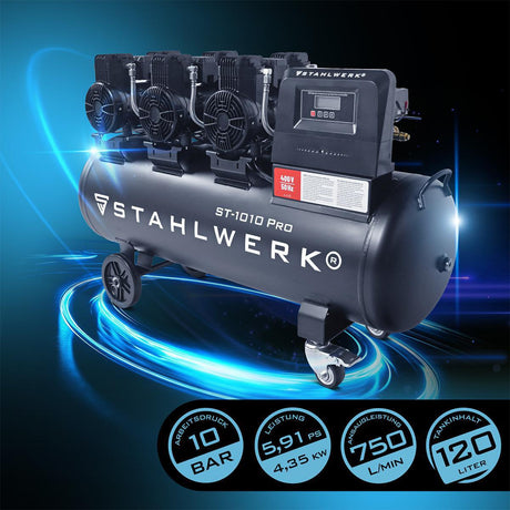 STAHLWERK Kompressor ST-1010 Pro – 750 l/min, 10 bar, 120 l, ölfrei, leise
