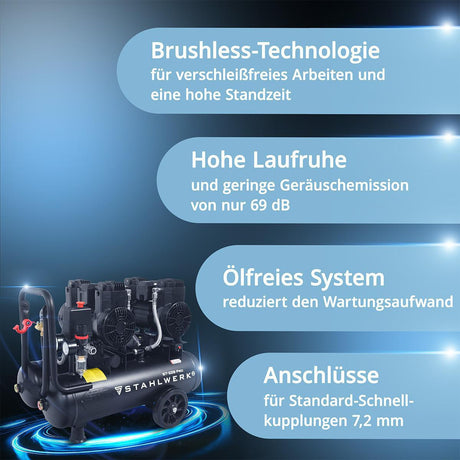 STAHLWERK Kompressor ST-228 Pro – 410 l/min, 8 bar, 22 l, ölfrei & flüsterleise
