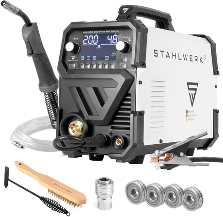 STAHLWERK MIG MAG 200 Puls Pro Digital Schutzgasschweißgerät mit Zubehör, 200 A, vollsynergisch