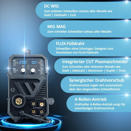 STAHLWERK CTM-250 ST 4-in-1 Kombi-Schweißgerät mit Plasmaschneidfunktion, 200 A Inverter