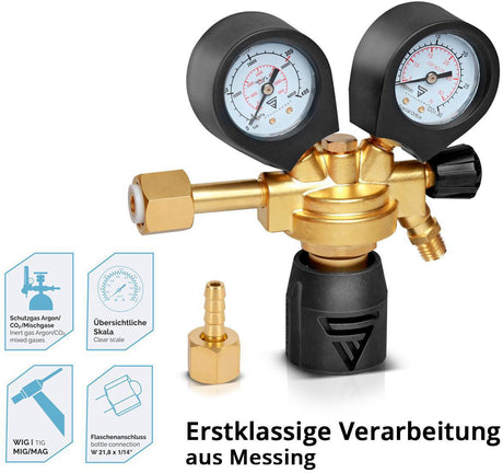 STAHLWERK Druckminderer ST-300 Pro Messing W21,8 x 1/14″ für Argon CO2 Mischgas