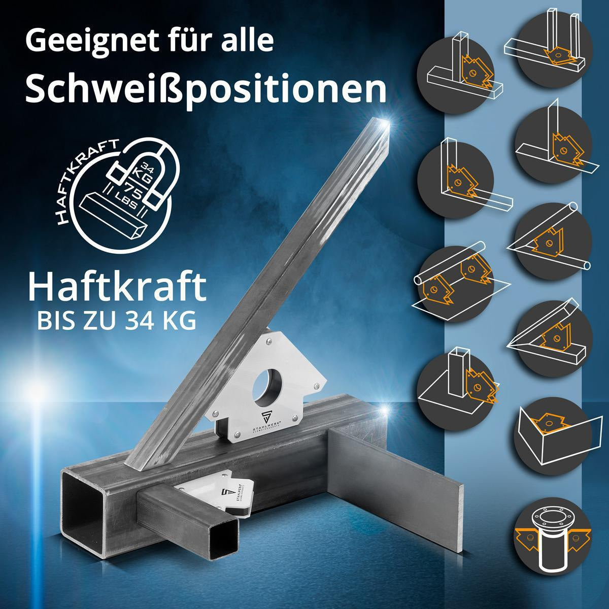STAHLWERK Magnet-Schweißwinkel 120x85x14 mm – 45°, 90° & 135°