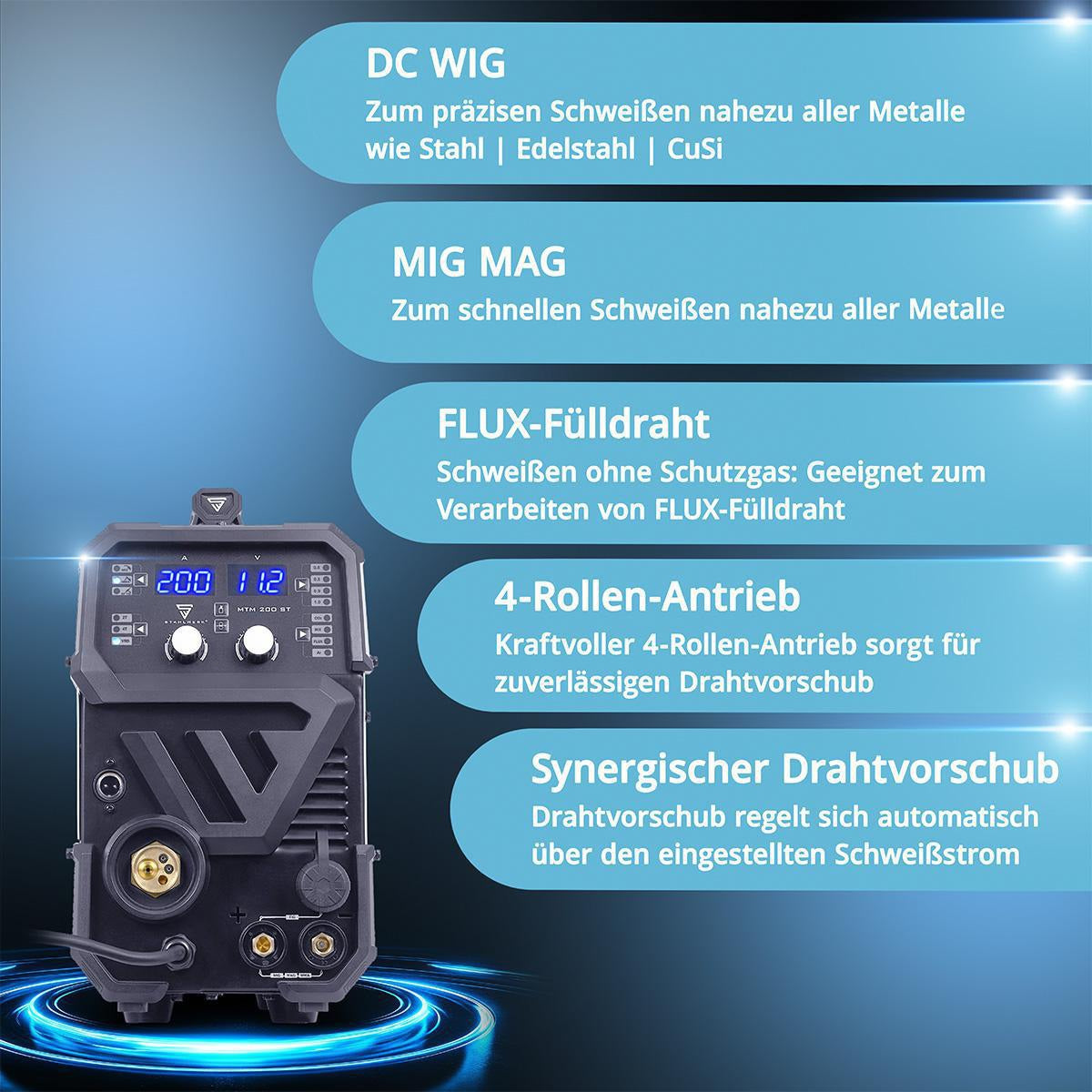 STAHLWERK MTM-200 ST Inverterschweißgerät – 3-in-1 Multiprozess 200 A MIG/MAG/WIG/MMA