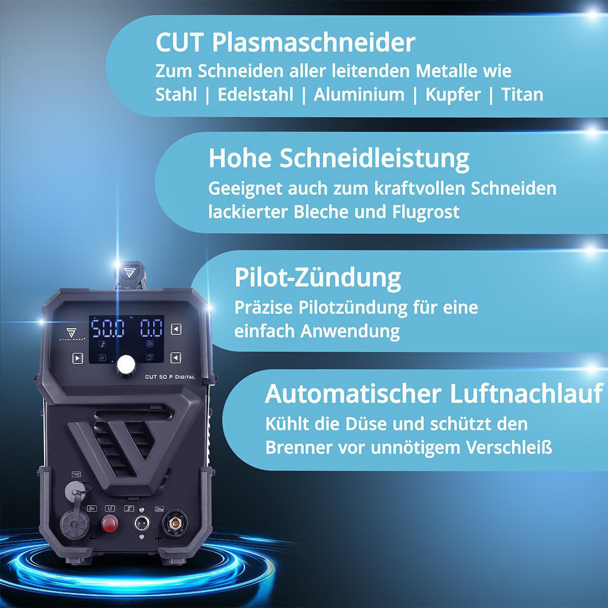 STAHLWERK Plasmaschneider CUT 50 Pro Digital – 50 A, 20 mm Baustahl, HF-Pilotzündung, THC-Schnittstelle