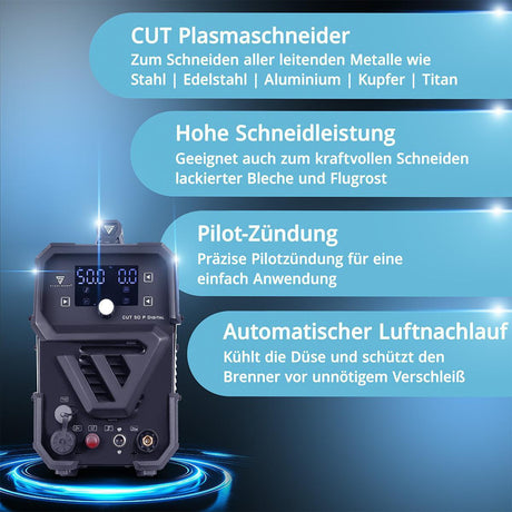 STAHLWERK Plasmaschneider CUT 50 Pro Digital – 50 A, 20 mm Baustahl, HF-Pilotzündung, THC-Schnittstelle