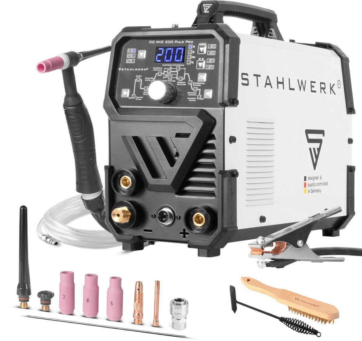STAHLWERK DC WIG 200 Puls Pro Inverterschweißgerät – 2-in-1 WIG/MMA, 200 A, luftgekühlt, mit Zubehör