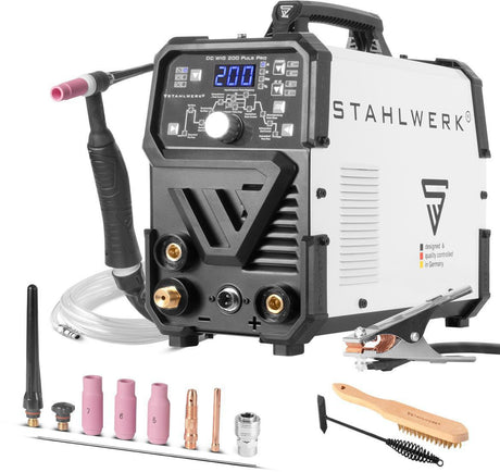 STAHLWERK DC WIG 200 Puls Pro Inverterschweißgerät – 2-in-1 WIG/MMA, 200 A, luftgekühlt, mit Zubehör