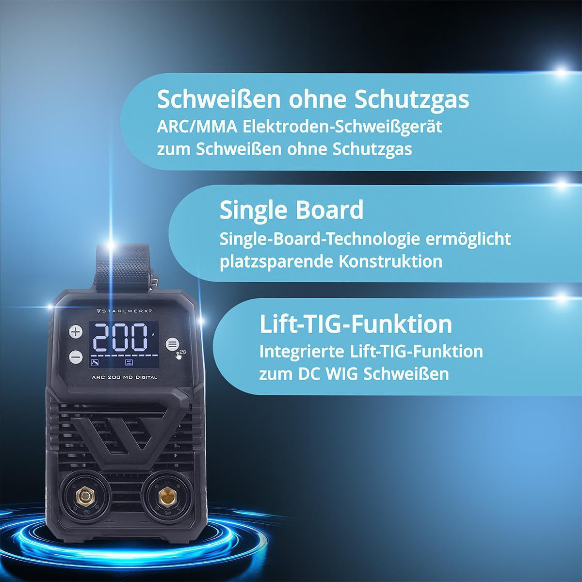 STAHLWERK Elektrodenschweißgerät ARC 200 MD Digital 10-200 A mit Zubehör