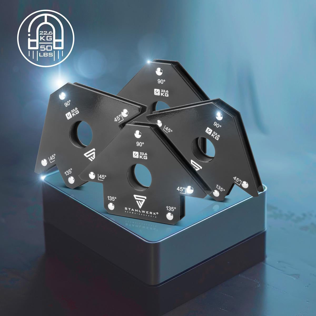 STAHLWERK Magnet-Schweißwinkel 50 lbs – 45°, 90° & 135° Winkelfixierer, 4er-Set