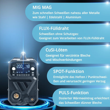STAHLWERK MIG MAG 200 Puls Pro Digital Schutzgasschweißgerät mit Zubehör, 200 A, vollsynergisch