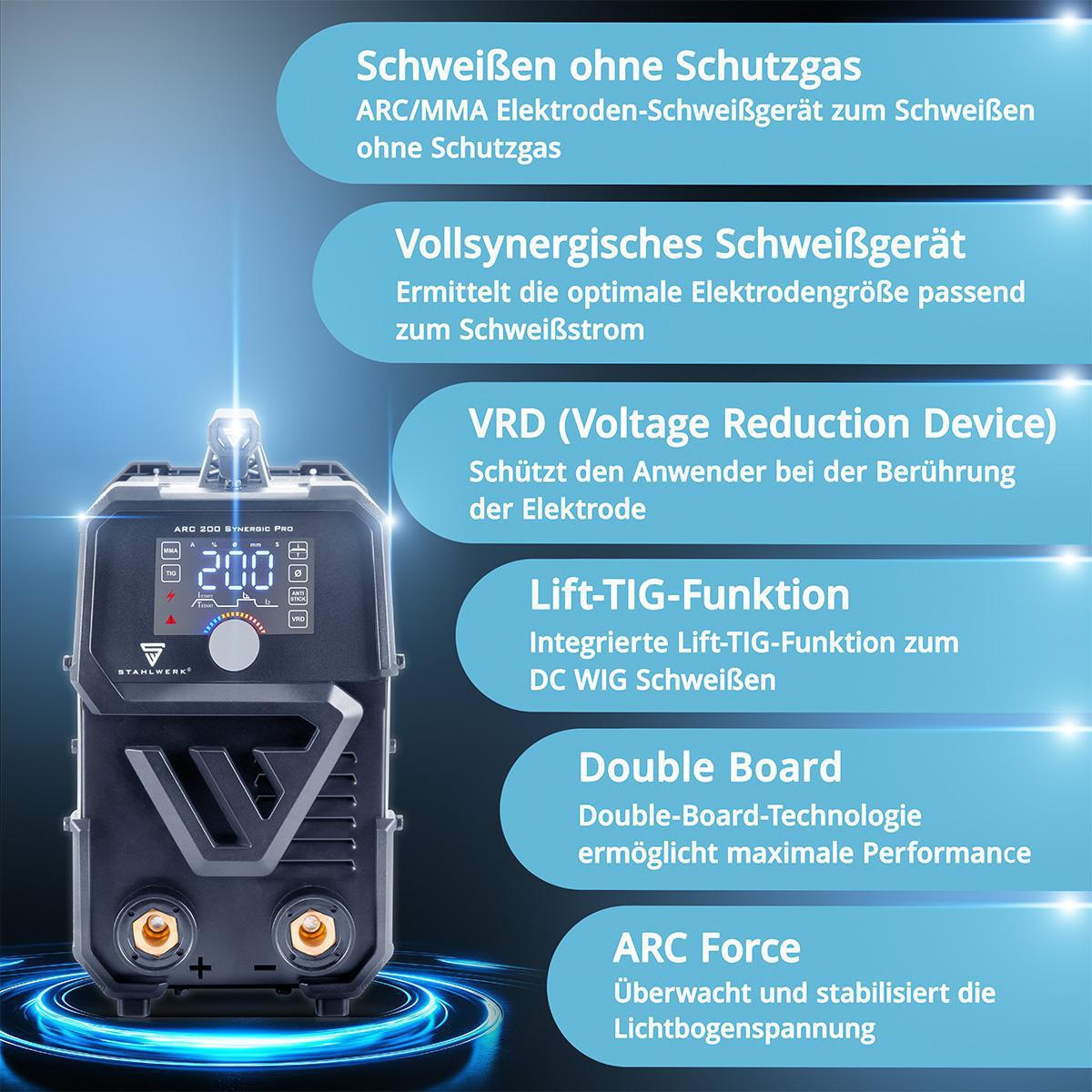 STAHLWERK Elektrodenschweißgerät ARC 200 Synergic Pro mit Zubehör 10-200 A