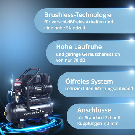 STAHLWERK Kompressor ST-110 Pro 250 l/min 8 bar 12 l ölfrei Brushless