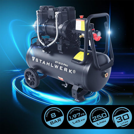 STAHLWERK Kompressor ST-310 Pro – 250 l/min, 8 bar, 30 l, ölfrei & flüsterleise