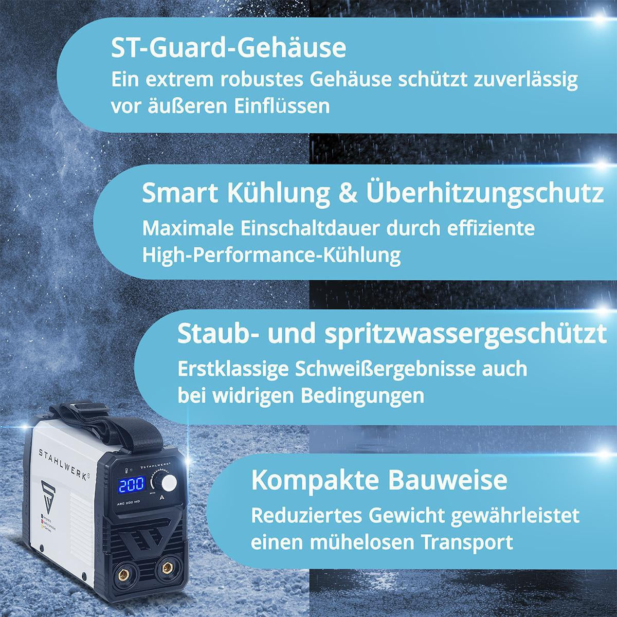 STAHLWERK Elektrodenschweißgerät ARC 200 MD mit Zubehör 20-200 A – IGBT-Inverter, Hotstart & Anti-Stick