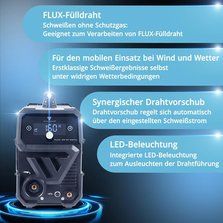 STAHLWERK Fülldrahtschweißgerät FLUX 160 ST Digital – 20-160 A, synergischer Drahtvorschub, IGBT, gasgekühlt