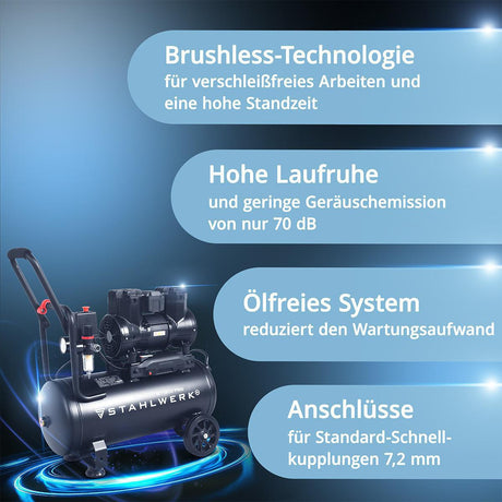 STAHLWERK Kompressor ST-310 Pro – 250 l/min, 8 bar, 30 l, ölfrei & flüsterleise