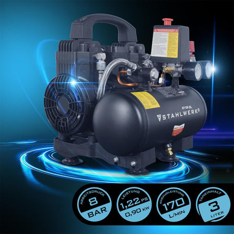 STAHLWERK Kompressor ST-38 BL – Flüster-Kompressor mit 170 l/min, 8 bar, 3 l Kessel