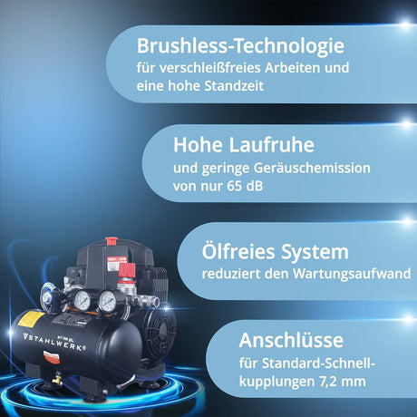 STAHLWERK Kompressor ST-38 BL – Flüster-Kompressor mit 170 l/min, 8 bar, 3 l Kessel