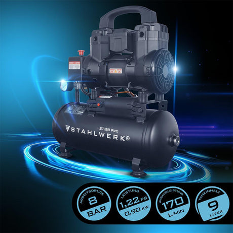 Kompressor ST-98 Pro 170 l/min 8 bar 9 l STAHLWERK – ölfreier Flüsterkompressor