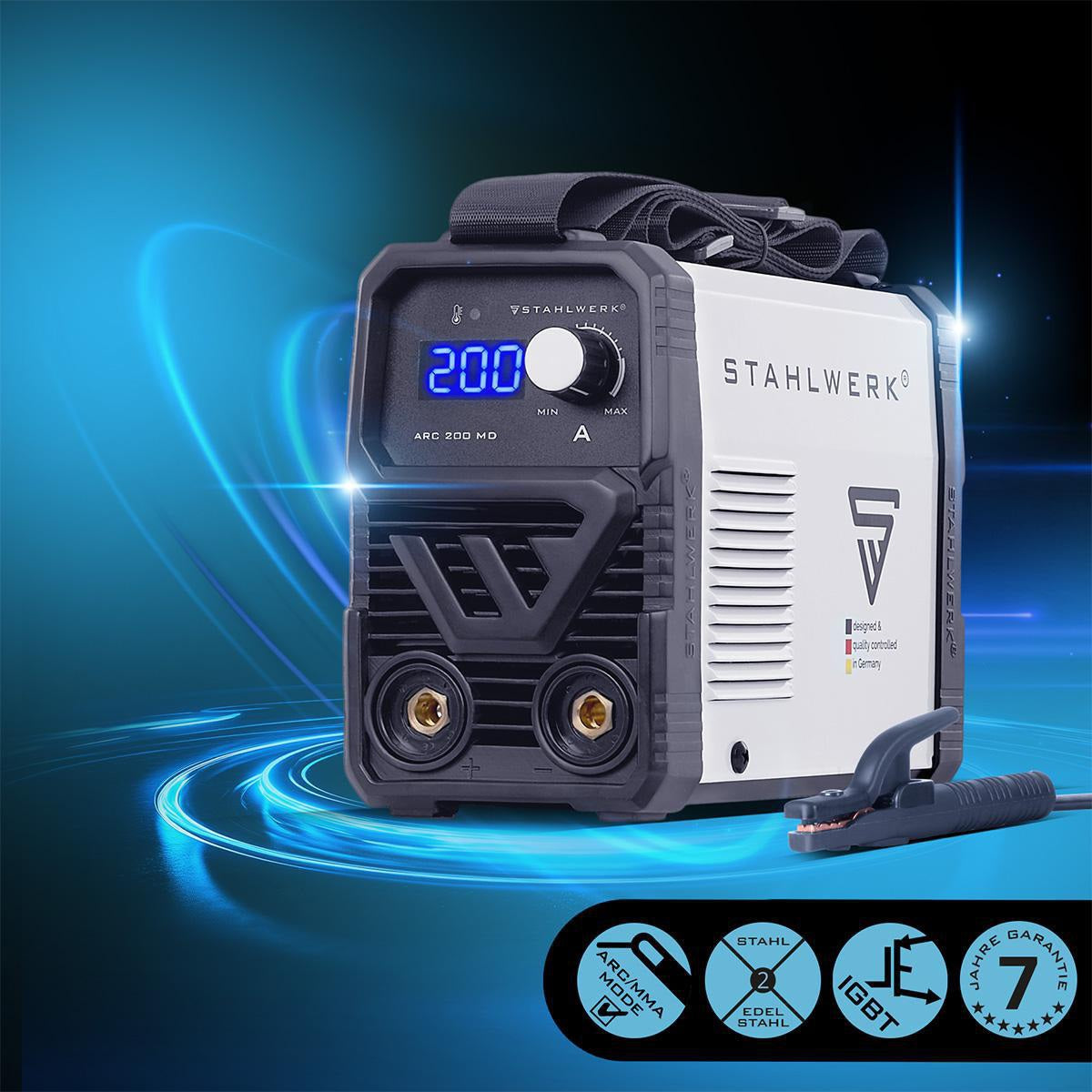 STAHLWERK Elektrodenschweißgerät ARC 200 MD mit Zubehör 20-200 A – IGBT-Inverter, Hotstart & Anti-Stick