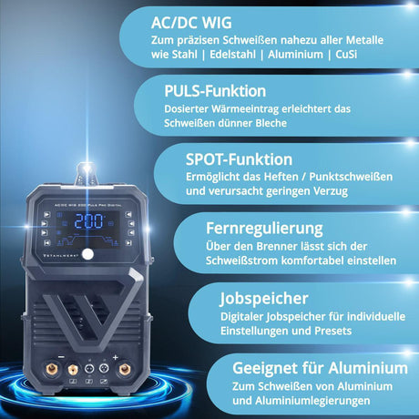 STAHLWERK AC/DC WIG 200 Puls Pro Digital WIG-Schweißgerät mit MMA/ARC-Funktion und Zubehör