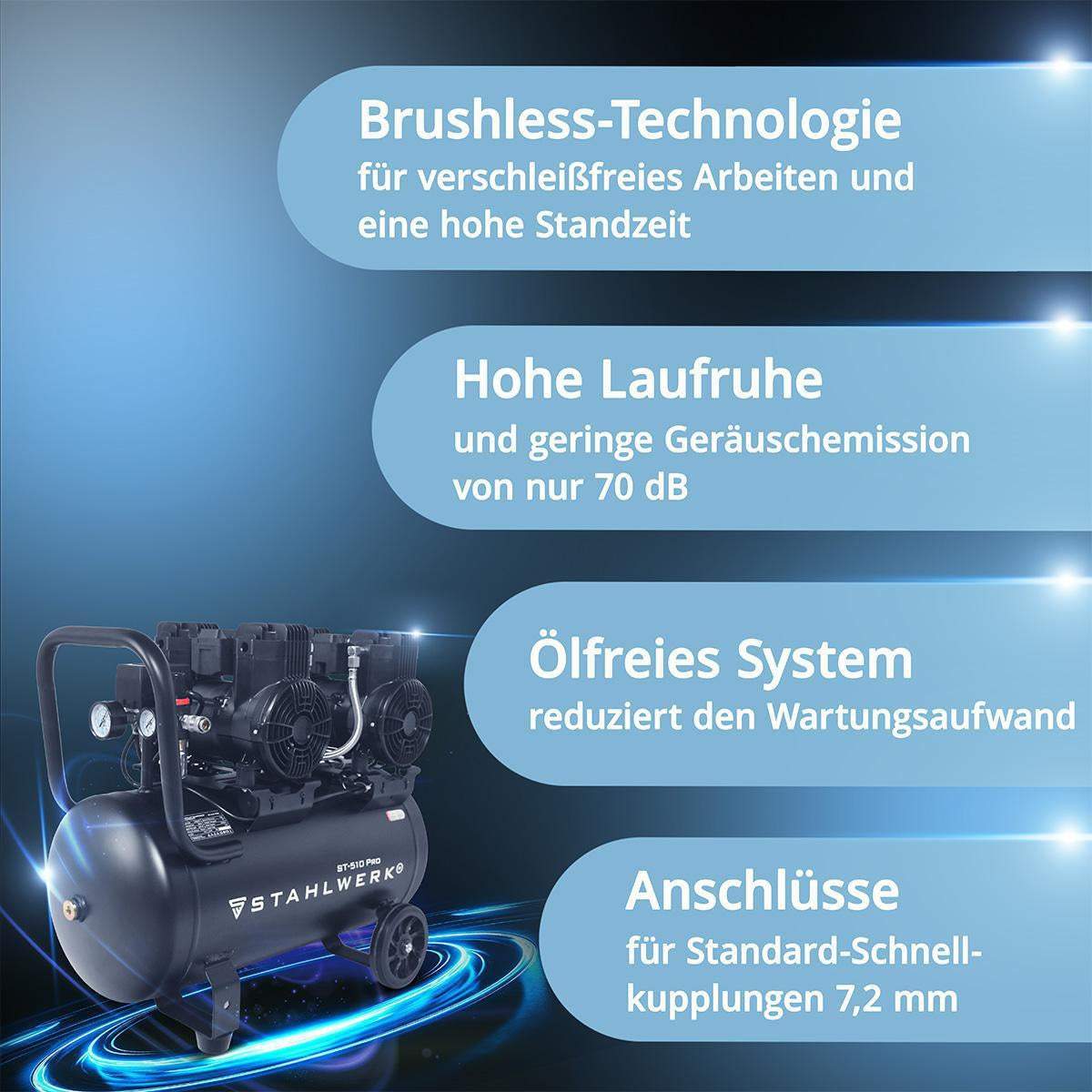 STAHLWERK Kompressor ST-510 Pro 500 l/min 10 bar 50 l ölfrei leise
