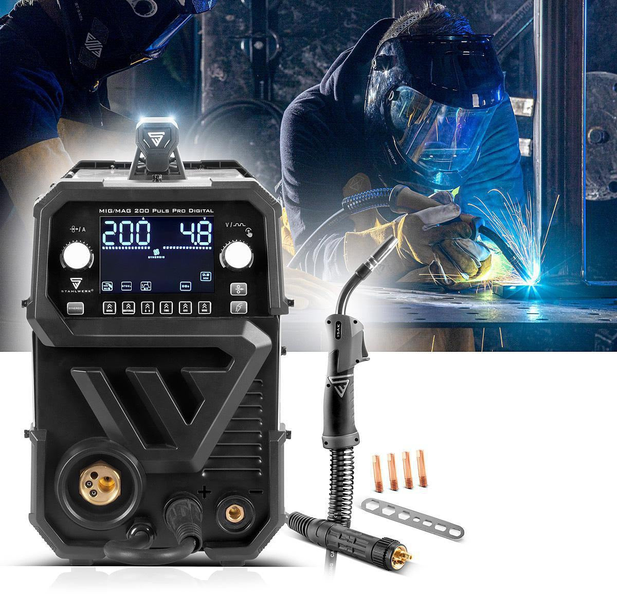 STAHLWERK MIG MAG 200 Puls Pro Digital Schutzgasschweißgerät mit Zubehör, 200 A, vollsynergisch