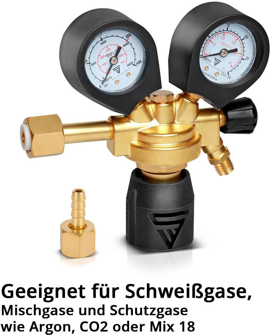 STAHLWERK Druckminderer ST-300 Pro Messing W21,8 x 1/14″ für Argon CO2 Mischgas
