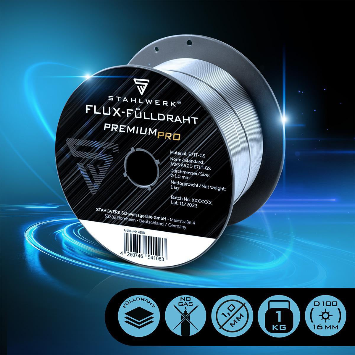 STAHLWERK Fülldraht FLUX E71T-GS 0,8 mm S100/D100 – Selbstschützend, Spritzarm