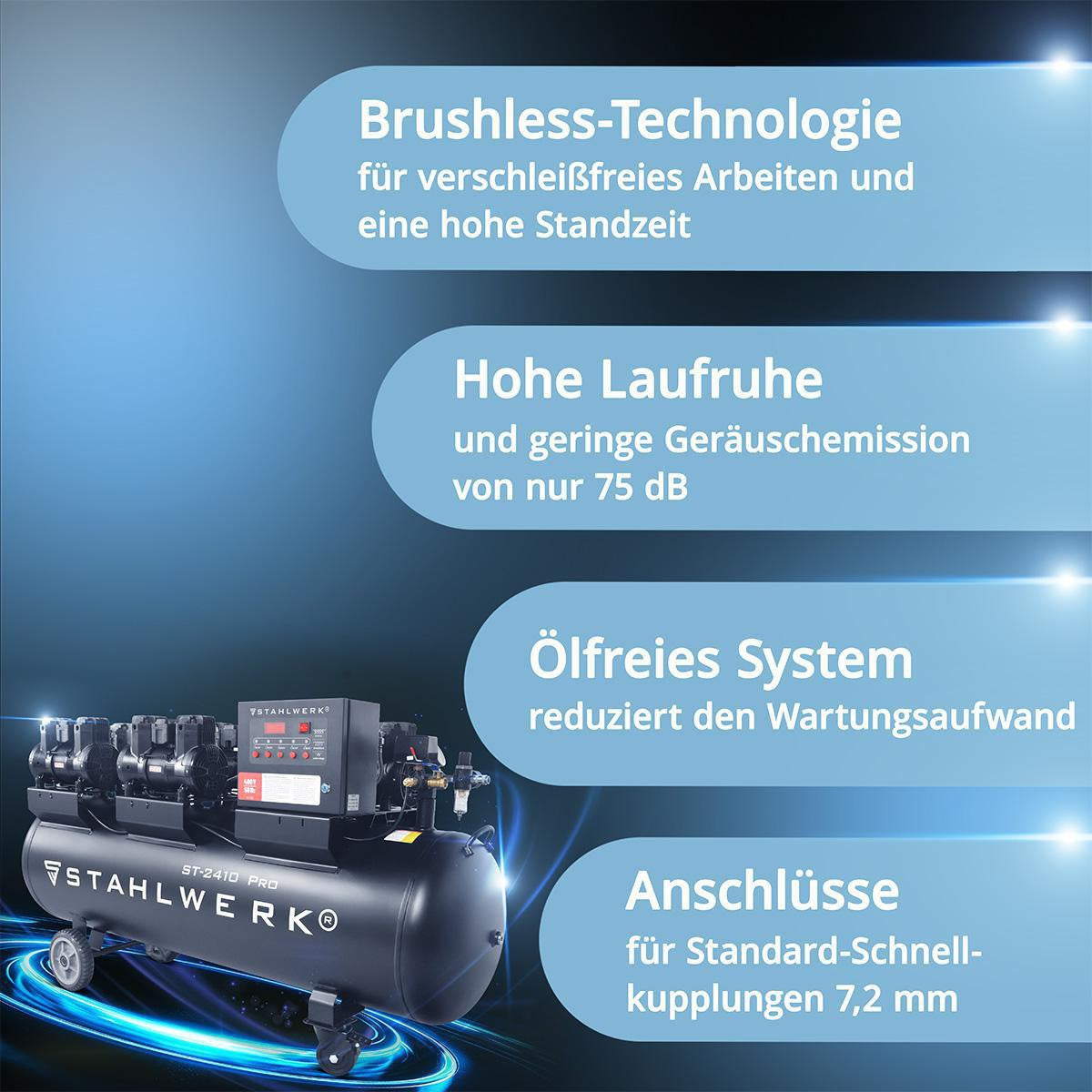 STAHLWERK Kompressor ST-2410 Pro – 1250 l/min, 10 bar, 240 l, ölfrei, leise