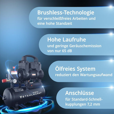 Kompressor ST-98 Pro 170 l/min 8 bar 9 l STAHLWERK – ölfreier Flüsterkompressor