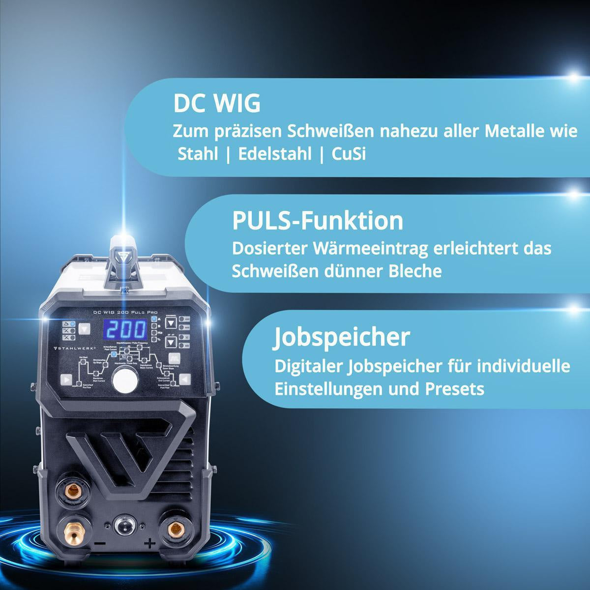 STAHLWERK DC WIG 200 Puls Pro Inverterschweißgerät – 2-in-1 WIG/MMA, 200 A, luftgekühlt, mit Zubehör