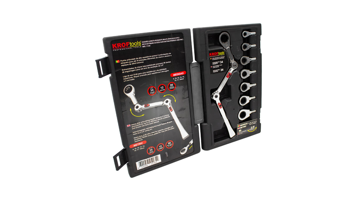 KROFtools Gelenk-Ratschen-Ringmaulschlüssel Set mit austauschbaren Steckringen 1130 K-1130