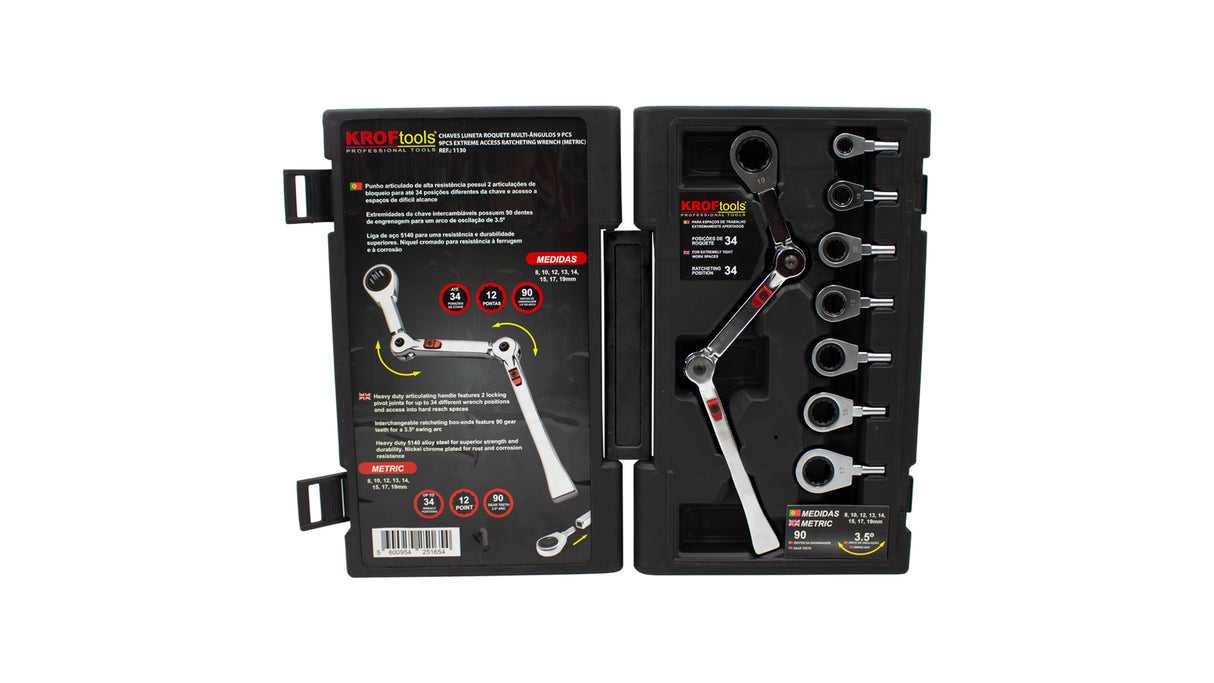 KROFtools Gelenk-Ratschen-Ringmaulschlüssel Set mit austauschbaren Steckringen 1130 K-1130