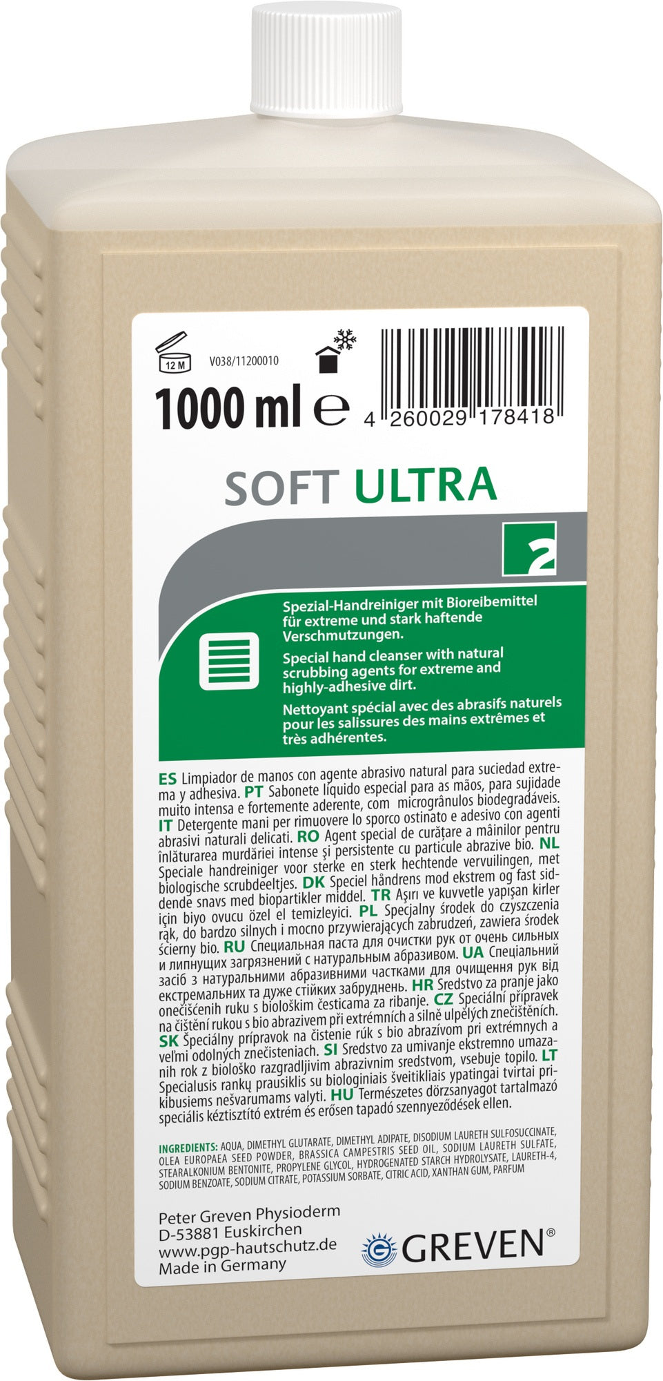 GREVEN SOFT ULTRA Spezialhandreinigung 1 l – Naturreibemittel für stark haftende Verschmutzungen