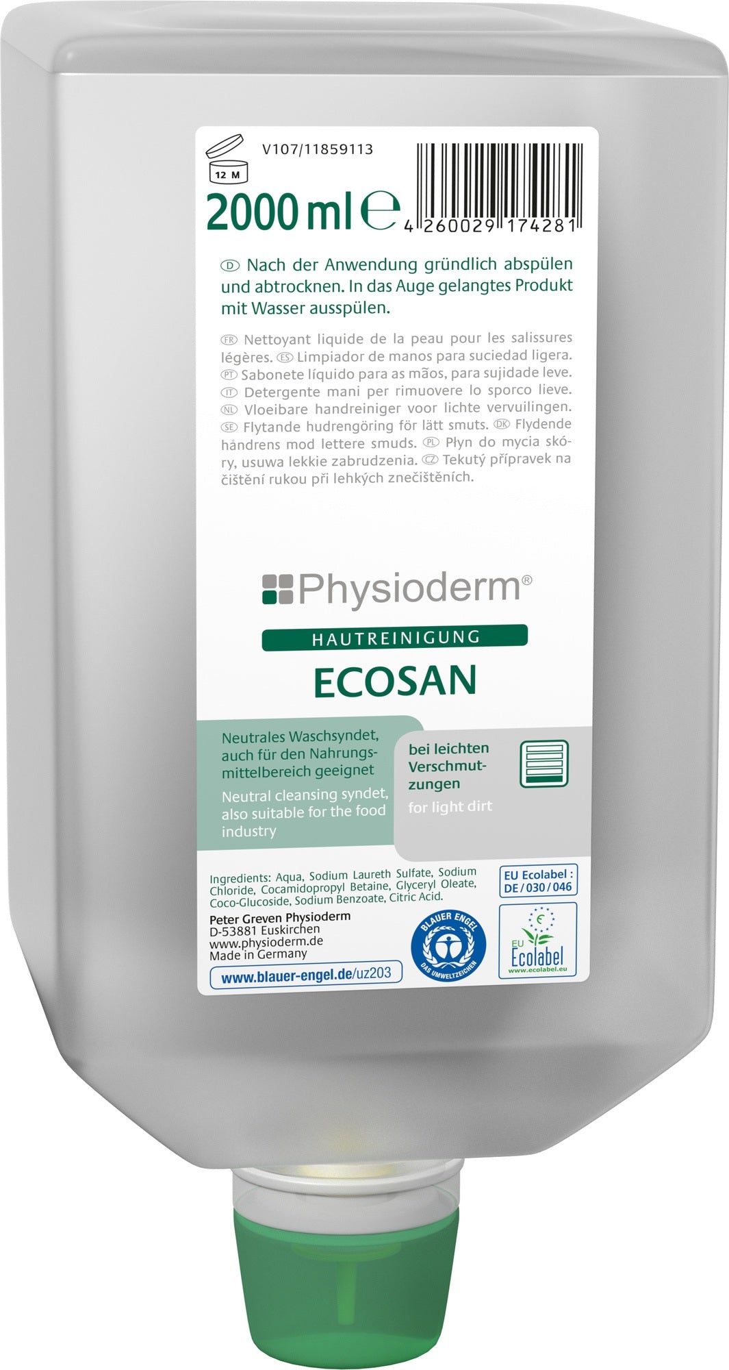 PHYSIODERM Hautreiniger ECOSAN 2l Flasche – neutrales Waschsyndet, HACCP-konform