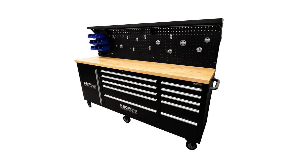 KROFtools Profi 215cm Werkbank mit Schubladen, LED und Rückwand, fahrbarer Werkstattwagen - 8630