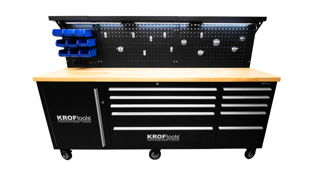 KROFtools Profi 215cm Werkbank mit Schubladen, LED und Rückwand, fahrbarer Werkstattwagen - 8630