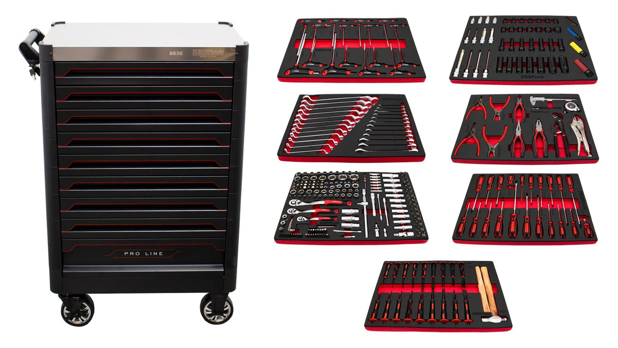 KROFtools PRO Line Werkzeugwagen, bestückt mit 318 Werkzeugen, 9 Schubladen - Art. 8637