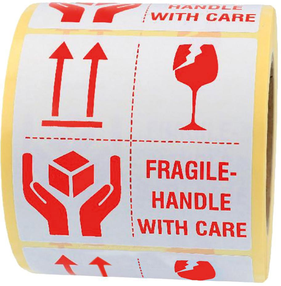 TRANSPAK Warnetiketten Fragile – Handle with Care, 100x100 mm, 500 Etiketten/Rolle